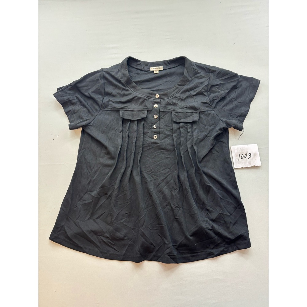 Ana & Kate Womens XL Black Henley Pleated Short Sleeve Blouse Top Knit